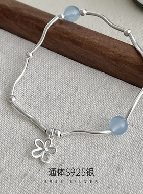 新款S925银ins风弯管蓝色串珠花