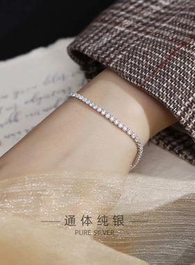 新款S925纯银女韩版简约气质排钻链条手链简约精致不对称手饰品