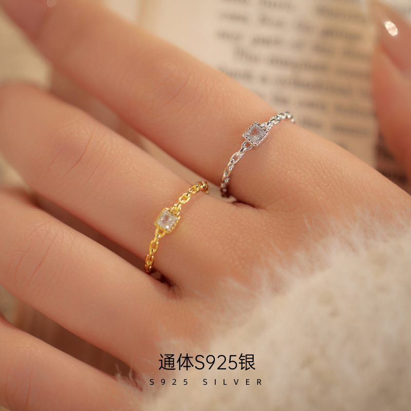 新款S925银链条方钻戒指女小众in