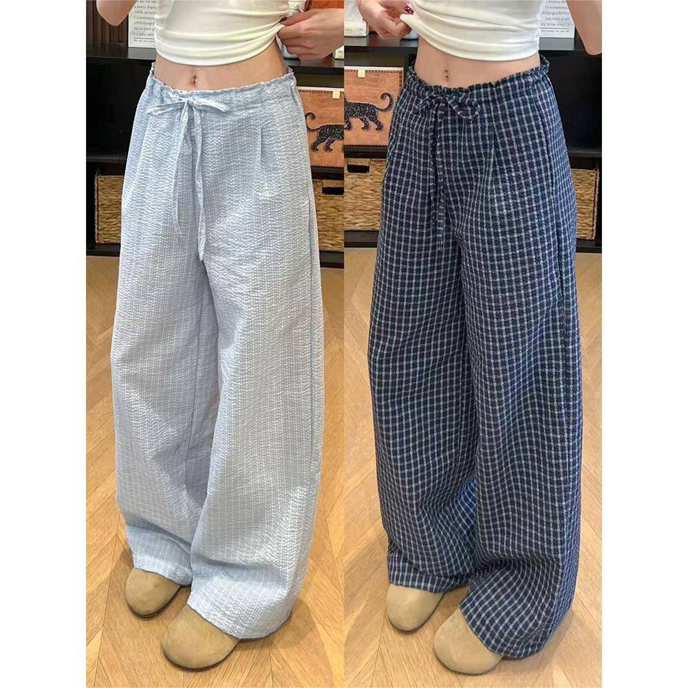 蓝色韩版木耳边格子休闲裤女2025夏季新款直筒高腰显瘦宽松阔腿裤