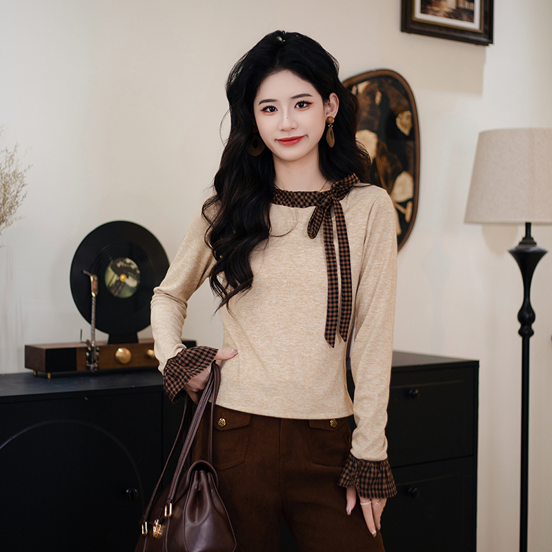 DaYuanSAD张嘉圆 杏色T恤打底衫喇叭袖长袖上衣女#1167