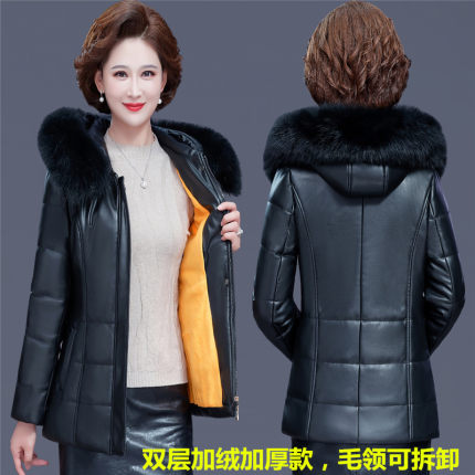 冬季海宁中老年皮衣羽绒棉服女短款妈妈装加绒棉衣加厚皮棉袄外套