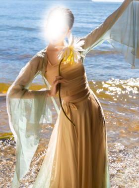 森屿无艺之艺一朵大左古典舞服古风薄荷浅绿鎏金袖衫360大摆裙