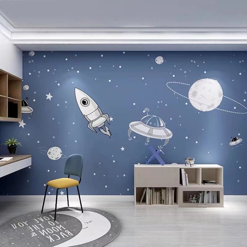 男孩卧室壁布浅蓝色卡通宇宙星空墙纸儿童房床头墙布装饰定制壁画