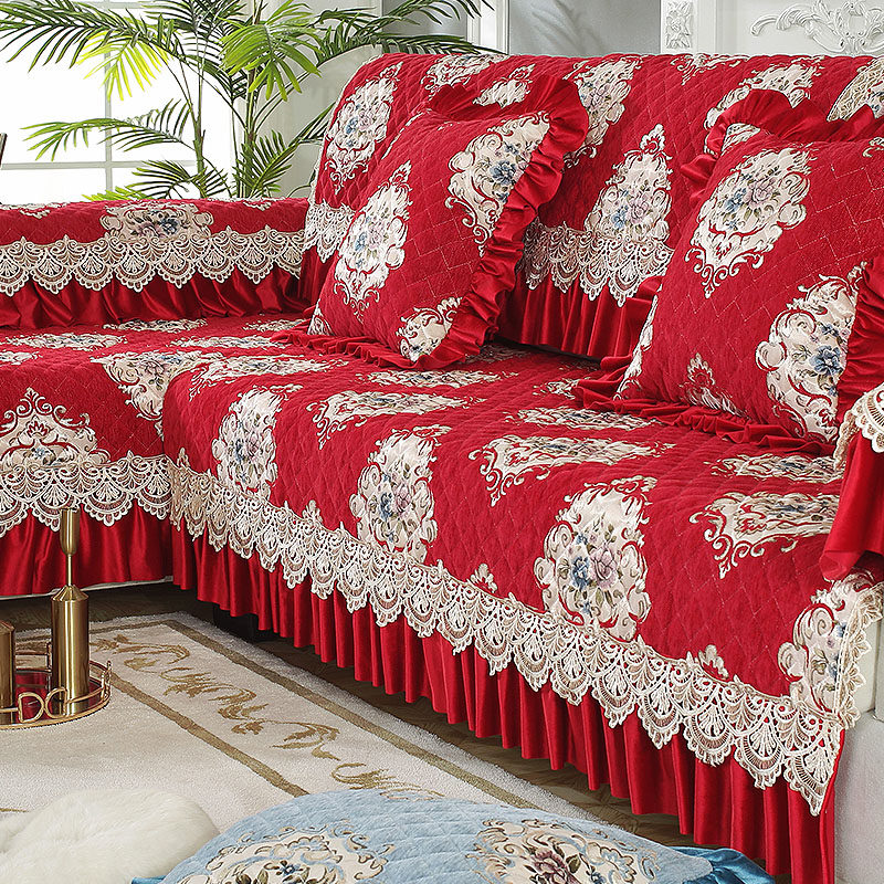 喜庆红色雪尼尔沙发垫四季通用布艺套定做全包结婚套罩巾欧式防滑