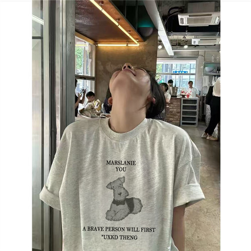 纯棉美式复古正肩灰色短袖t恤女