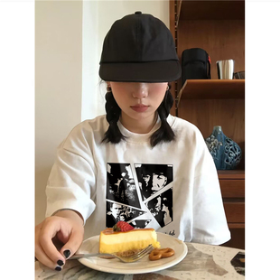 宽松韩版 纯棉美式 复古人物主题印花短袖 t恤女夏季 上衣 慵懒风半袖
