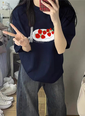 纯棉高街美式复古正肩短袖t恤女2025夏季新款宽松慵懒风半袖上衣