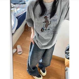 设计感小众宽松慵懒半袖 t恤女夏季 体恤 复古灰色正肩短袖 纯棉美式