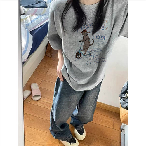纯棉美式复古灰色正肩短袖t恤女