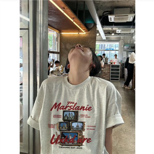 美式高街oversize正肩短袖t恤女