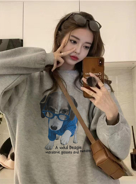 纯棉美式复古眼镜小狗潮牌圆领卫衣女冬季加绒加厚独特超好看上衣