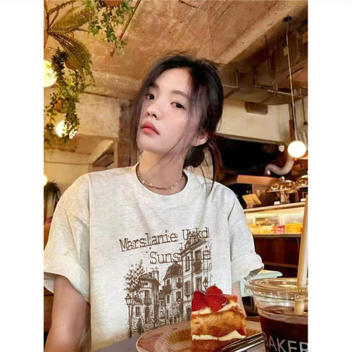 纯棉美式复古正肩短袖t恤女夏季
