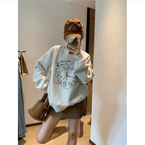 纯棉美式复古卡通趣味圆领卫衣女
