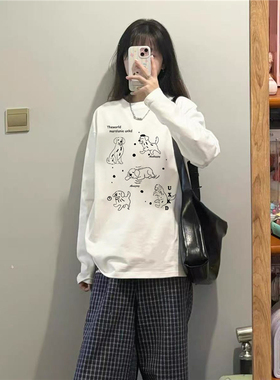 纯棉美式复古卡通正肩长袖t恤女2026新款秋季慵懒内搭白色打底衫