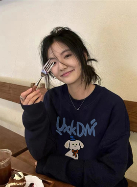 纯棉美式复古卡通无帽圆领卫衣女2025新款秋冬宽松慵懒风加绒上衣