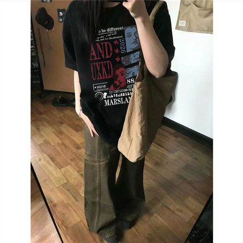 纯棉国潮美式复古正肩短袖t恤女