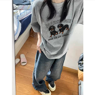 夏季 t恤女2026新款 宽松慵懒高级感上衣 潮牌正肩灰色短袖 纯棉美式