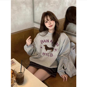 宽松潮牌设计感长袖 纯棉高街美式 复古灰色圆领卫衣女2024新款 上衣