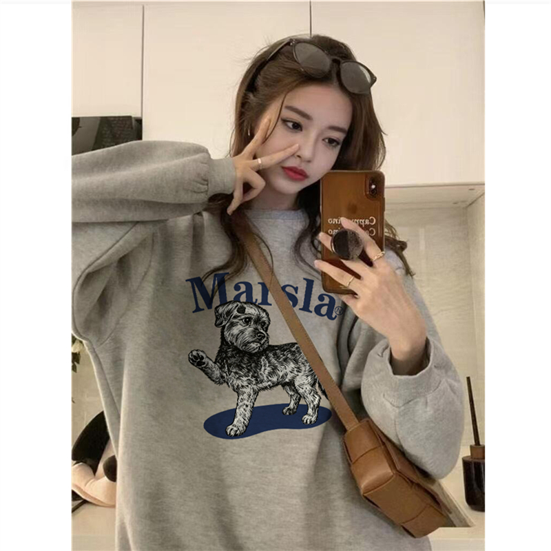 纯棉美式复古灰色无帽圆领卫衣女