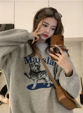 纯棉美式复古灰色无帽圆领卫衣女秋冬慵懒设计感加绒加厚潮牌上衣