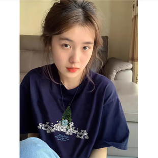 宽松慵懒独特设计感半袖 t恤女夏季 体恤上衣 潮牌正肩短袖 纯棉美式