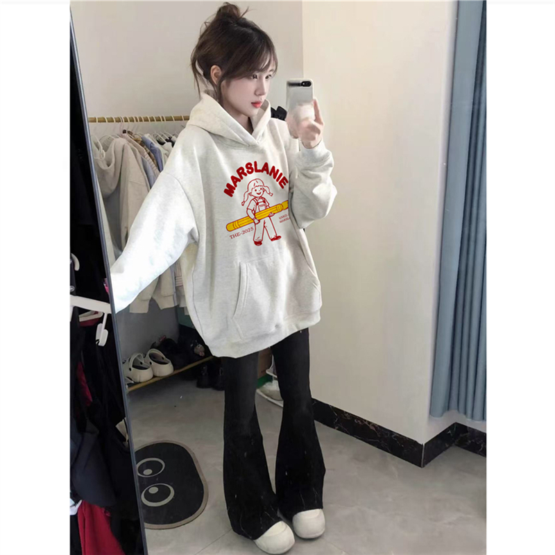 纯棉美式潮牌灰色连帽卫衣女慵懒