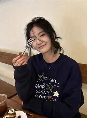 纯棉秋季美式复古无帽圆领卫衣女2025新款爆款设计感小众慵懒上衣