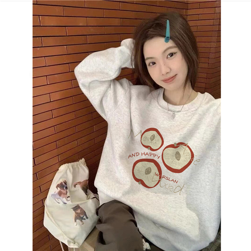 美式复古加绒加厚无帽圆领卫衣女