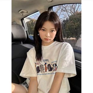 潮牌白色短袖 夏季 纯棉美式 t恤女2025新款 上衣 宽松韩版 慵懒风半袖
