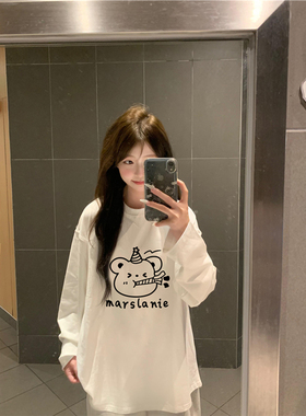 纯棉美式复古童趣正肩长袖t恤女2026新款秋季小众慵懒白色打底衫