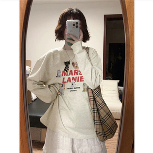 慵懒宽松内搭打底衫 t恤女2026新款 卡通港味chic正肩长袖 纯棉美式