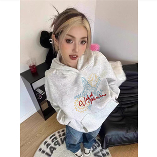纯棉美式复古潮牌灰色连帽卫衣女2025新款宽松慵懒设计感加绒外套
