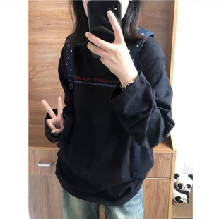 宽松正肩内搭打底衫 纯棉美式 新款 t恤女2025秋季 高街字母潮牌长袖