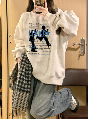 纯棉美式复古圆领无帽卫衣女2025新款春秋薄款设计感宽松潮牌上衣