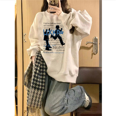 纯棉美式复古圆领无帽卫衣女宽松
