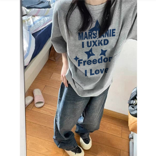 纯棉夏季美式灰色正肩短袖t恤女2026新款设计感小众宽松潮牌上衣