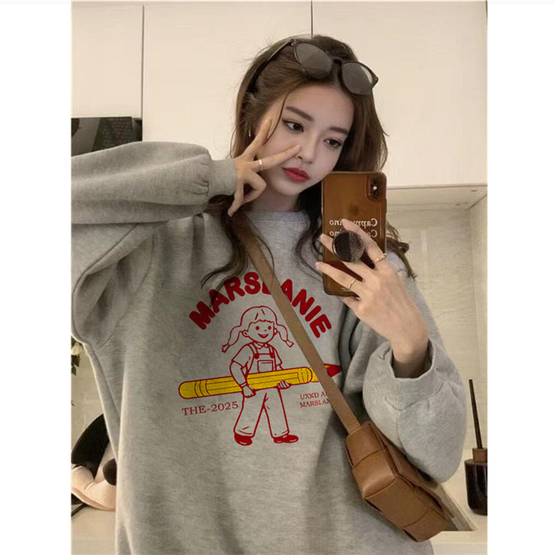 纯棉美式复古灰色无帽圆领卫衣女