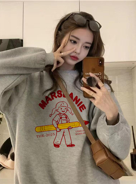 纯棉美式复古灰色无帽圆领卫衣女秋冬宽松小众设计感加绒加厚上衣