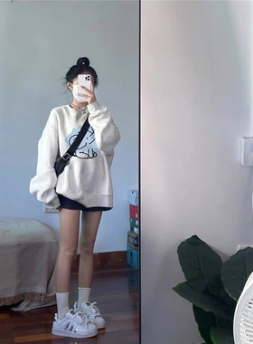 纯棉美式复古超好看oversize卫衣女款小个子冬季加绒加厚无帽上衣