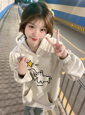 100%纯棉美式复古灰色连帽卫衣女2026新款慵懒chic小个子独特上衣