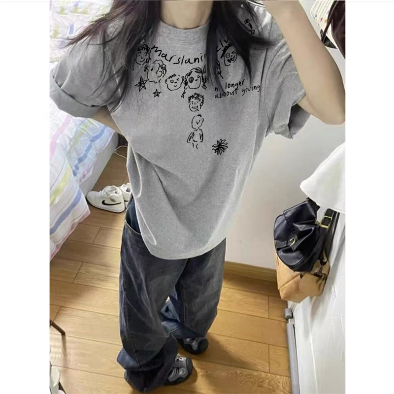 纯棉美式灰色正肩短袖t恤女宽松
