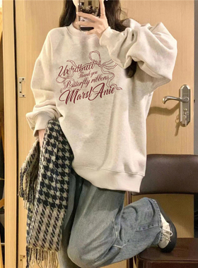 纯棉美式复古加绒加厚无帽圆领卫衣女2025新款爆款小个子慵懒上衣