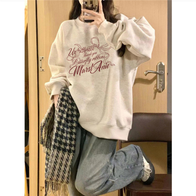 美式复古加绒加厚无帽圆领卫衣女