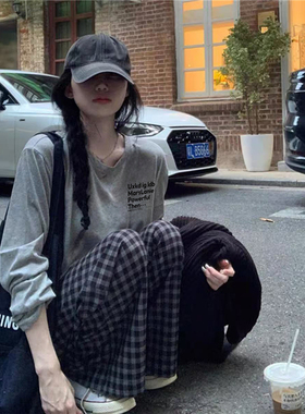 纯棉美式字母潮牌正肩长袖t恤女2026新款春秋薄款小众慵懒打底衫