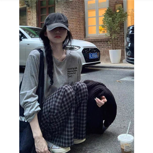 小众慵懒打底衫 纯棉美式 春秋薄款 t恤女2026新款 字母潮牌正肩长袖