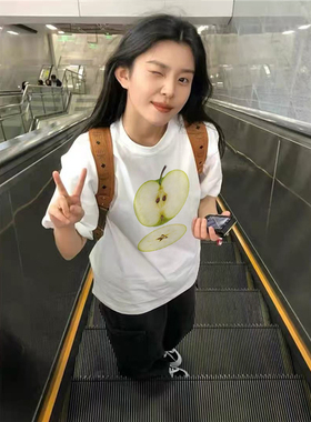 纯棉设计感小众苹果印花短袖t恤女夏季宽松美式正肩半袖体恤上衣