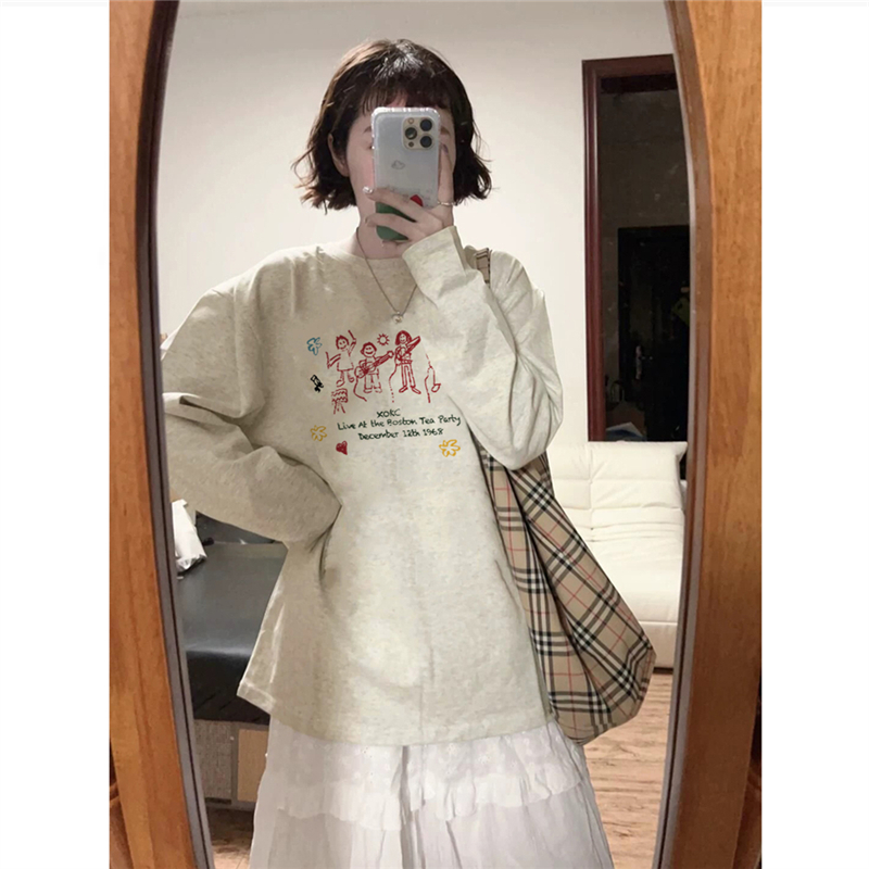 100%纯棉美式港味正肩长袖t恤女