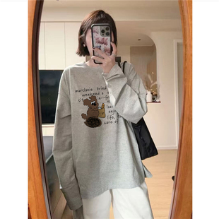 小众设计感慵懒上衣 t恤女2026新款 纯棉高街美式 潮牌灰色正肩长袖