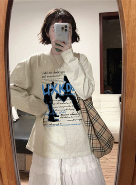 纯棉美式复古正肩长袖t恤女2026新款春秋薄款设计感宽松潮牌上衣